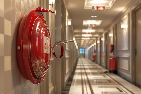 Corridoio di un hotel con dispositivi antincendio.