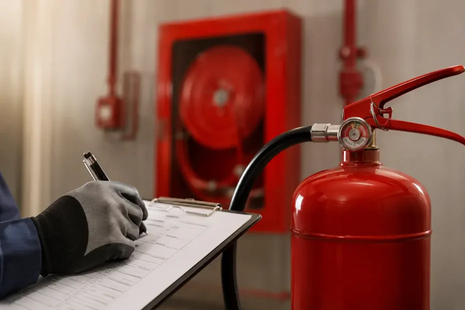 Tecnico qualificato durante il controllo e la manutenzione di un estintore antincendio